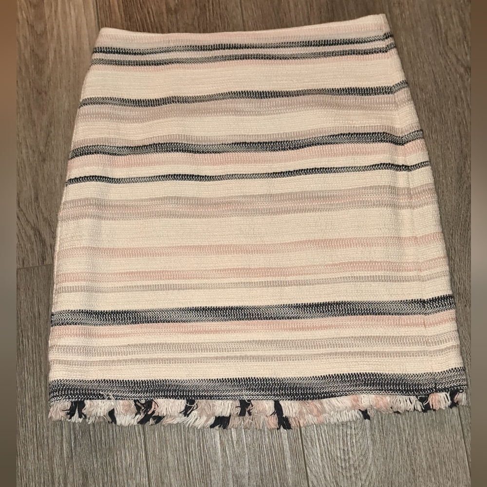 The Loft Striped Fringe Hem Skirt, White/pink/ Black, Size 2
